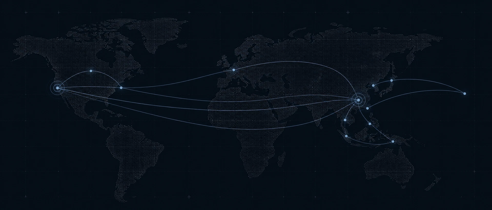 Minimal global map visualization with international supply routes converging on North America
