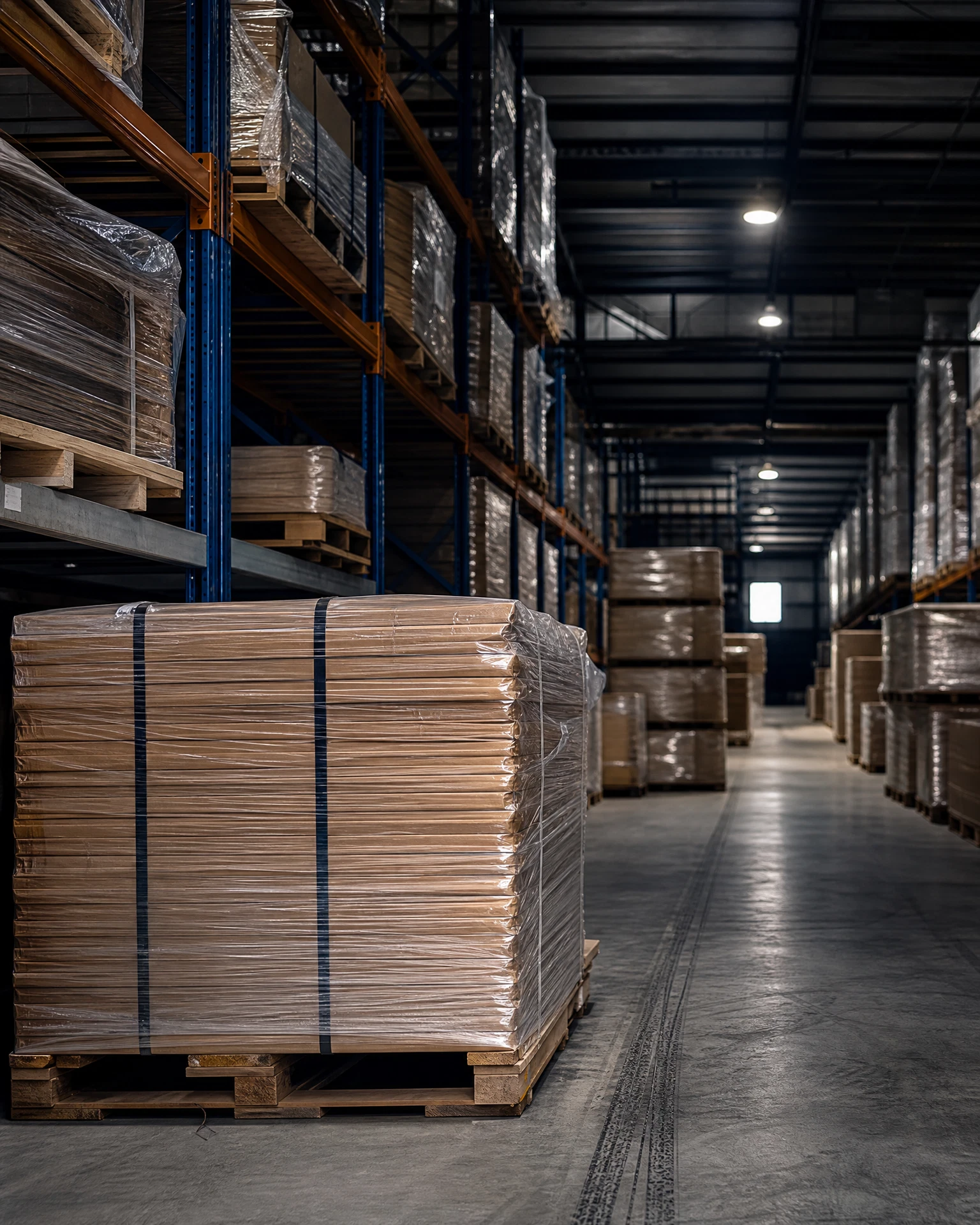 Organized warehouse pallets prepared for distribution